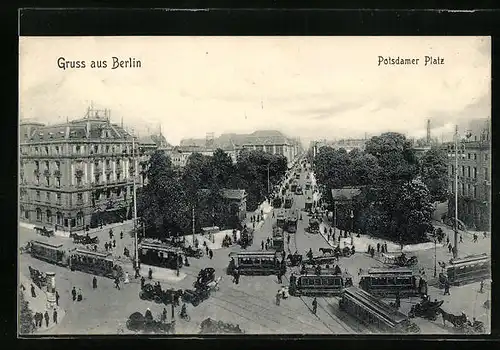 AK Berlin, Strassenbahnen passieren den Potsdamer Platz