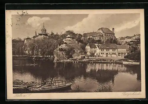 AK Halle a. S., Die Bergschänke mit Blick auf den See
