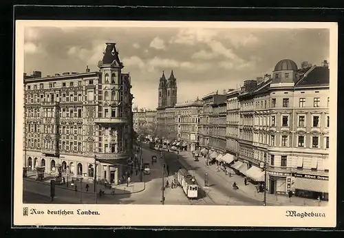 AK Magdeburg, Blick auf den Hasselbachplatz, Breiteweg und Dom, Strassenbahn