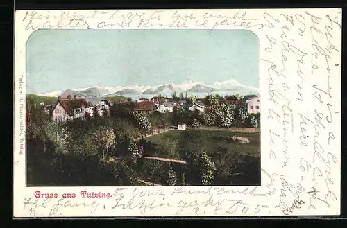 AK Tutzing, Ortspartie mit Blick auf die Berge