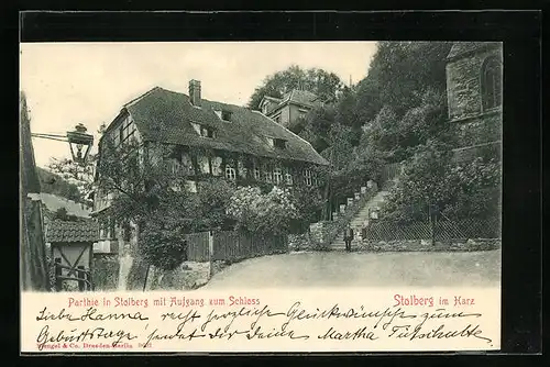 AK Stolberg im Harz, Ortspartie mit Aufgang zum Schloss