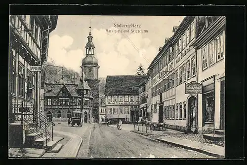 AK Stolberg im Harz, Strassenpartie am Marktplatz mit Seigerturm und Hotel Preussischer Hof