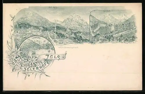 Lithographie Igls, Ortsansicht mit Iglerhof