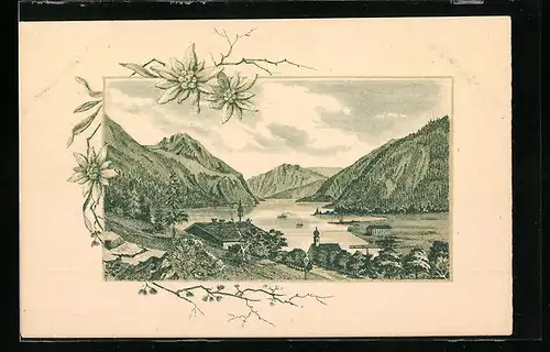 Lithographie Achenkirch, Ortsansicht mit Achensee