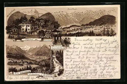 Lithographie Schönberg i. Stubaithal, Jagerhof am Schönberg, Witting Aussichts-Warte