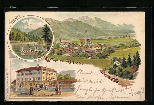 Lithographie Aldrans, Ortsansicht mit Kirche und Herz-See, Plattner`s Gasthof