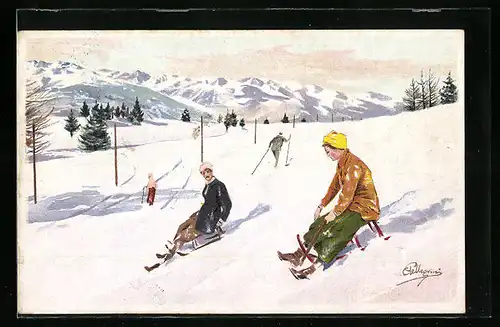Künstler-AK Carlo Pellegrini: Freunde beim Schlittenfahren