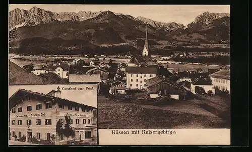 AK Kössen, Ortsansicht mit Kaisergebirge und Gasthof zur Post