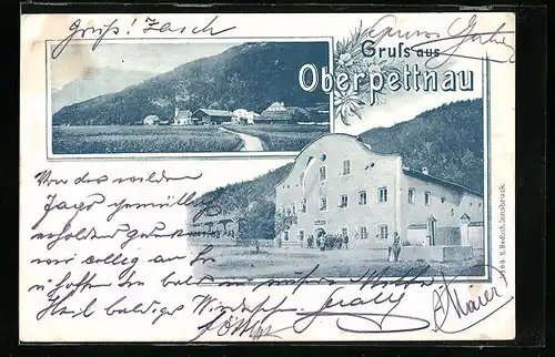 AK Oberpettnau, Ortsansicht mit Gasthaus