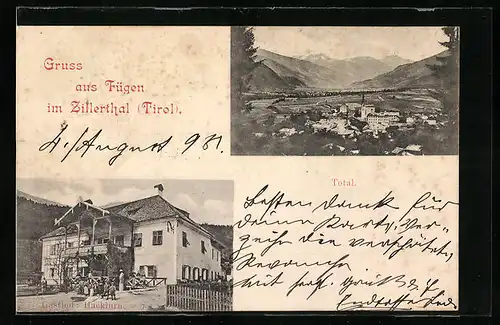 AK Fügen i. Zillerthal, Totalansicht mit Gasthof Hacklurn