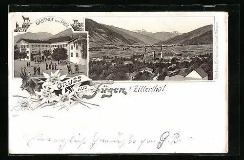 Lithographie Fügen i. Zillerthal, Totalansicht mit Gasthof zur Post