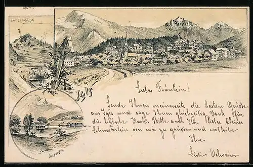 Lithographie Igls, Ortsansicht mit Lansersee