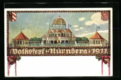 Künstler-AK Ganzsache Bayern PP27C5 /01: Nürnberg, Volksfest mit Versammlungshalle, 1911