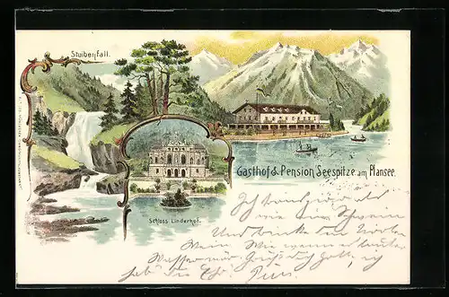 Lithographie Breitenwang, Gasthof und Pension Seepitze am Plansee, Stuibenfall, Schloss Linderhof