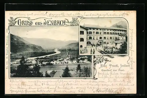 AK Jenbach, Gasthof zur Post, Gesamtansicht aus der Vogelschau