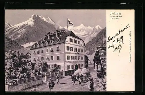 AK Fulpmes, Pfurtscheller`s Gasthof mit Ochsengespann