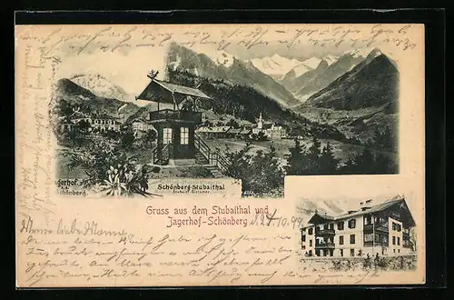 AK Schönberg im Stubaital, Gasthaus Jagerhof mit Witting-Aussichtswarte und Alpenlandschaft
