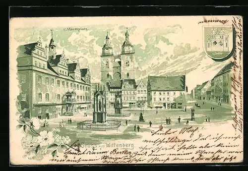 Lithographie Wittenberg, Marktplatz mit Passanten, Blick zur Kirche