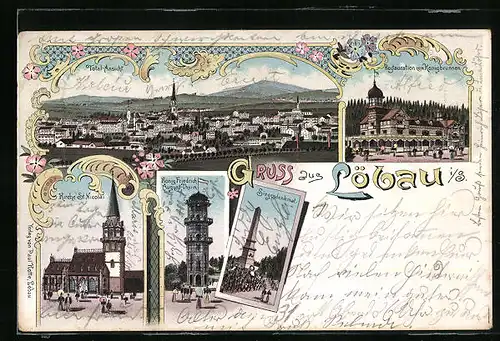 Lithographie Löbau, Totalansicht, Kirche St. Nicolai, König Friedrich-August-Turm, Siegesdenkmal