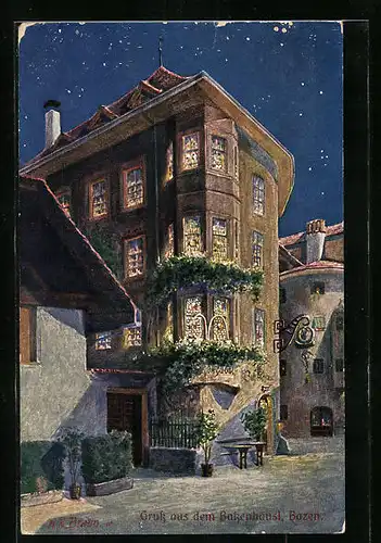 AK Bozen, Gasthaus Batzenhäusl bei Nacht