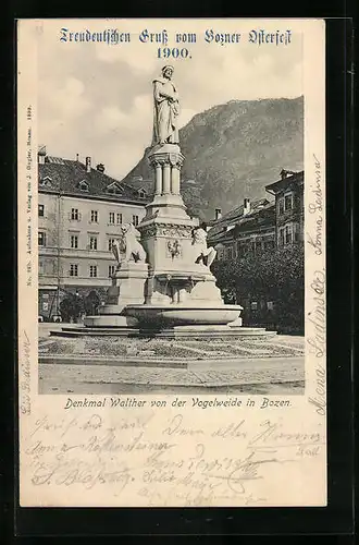 AK Bozen, Denkmal Walther von der Vogelweide, Osterfest 1900