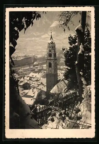 AK Merano, Teilansicht mit Kirche im Winter