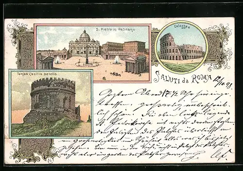 Lithographie Roma, Colosseo, S. Pietro, Tomba Cecilia Metella