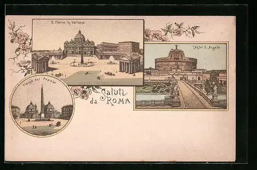 Lithographie Roma, Castel S. Angelo, Piazza del Populo, S. Pietro in Vaticano