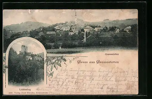 AK Gramastetten, Totalansicht mit Ruine Lichtenhag