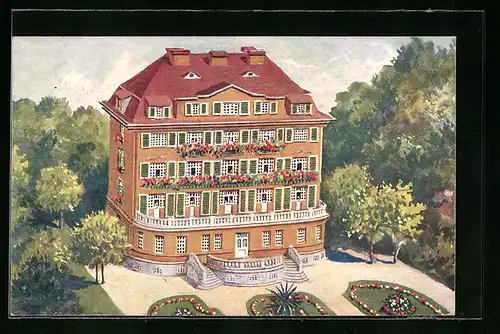 Künstler-AK Bad Schallerbach, Das Gutsbeamtenhaus mit Grünanlagen