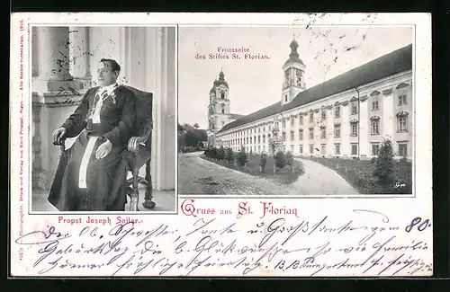 AK St. Florian, Frontseite des Stiftes St. Florian, Portrait von Probst Joseph Sailer