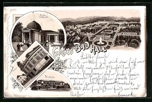 Lithographie Bad Hall, Tasilo-Jodquelle, Gasthaus Trinkhalle, Theater, Ortsansicht aus der Vogelschau