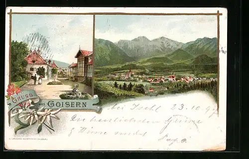 Lithographie Goisern, Strassenpartie, Totalansicht aus weiter Ferne