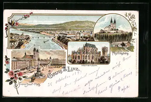 Lithographie Linz, Franz-Josef-Platz, Mariendom und Pöstlingberg