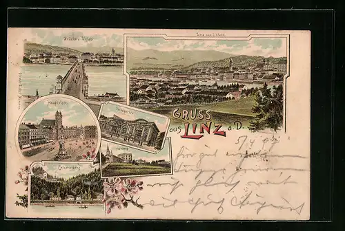 Lithographie Linz a. D., Brücke und Urfahr, Hauptplatz, Volksgarten, Kalverienberg und Freinberg