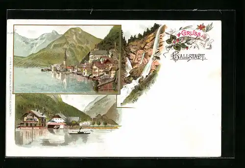 Lithographie Hallstadt, Ortspartie mit Dampfer, Ortsansicht vom See aus, Wasserfall