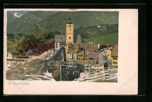 Künstler-AK St. Wolfgang, Ortspartie mit ablegendem Salondampfer