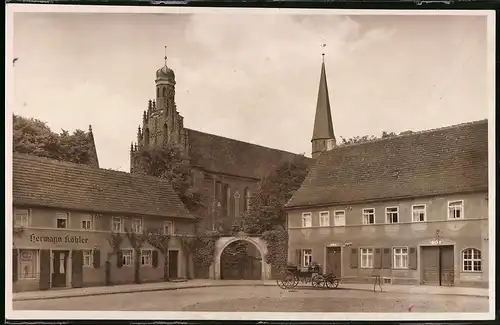 Fotografie Brück & Sohn Meissen, Ansicht Mühlberg / Elbe, Platz mit Geschädt Hermann Köhler und Klosterkirche
