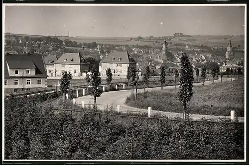 Fotografie Brück & Sohn Meissen, Ansicht Döbeln, Strasse am Hang mit Wohnhäusern und Blick zum Ort