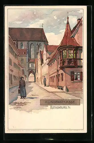Künstler-AK Karl Mutter: Rothenburg o. T., Klingenstrasse mit Passanten