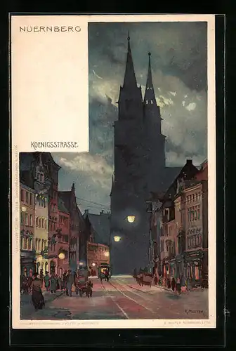 Künstler-AK Karl Mutter: Nürnberg, Strassenpartie mit Kirche und Pferdebahn bei Nacht