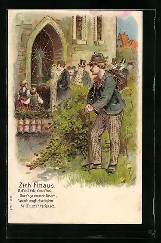 Präge-AK Hochzeitspaar vor der Kirche und Wanderer