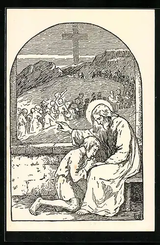 Künstler-AK Christus tröstet einen Elenden, Golgatha-Szene