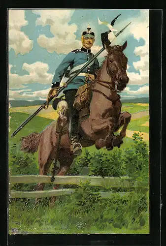 Künstler-AK Anton Hoffmann - München: Reitersoldat mit Lanze im Sprung über einen Zaun
