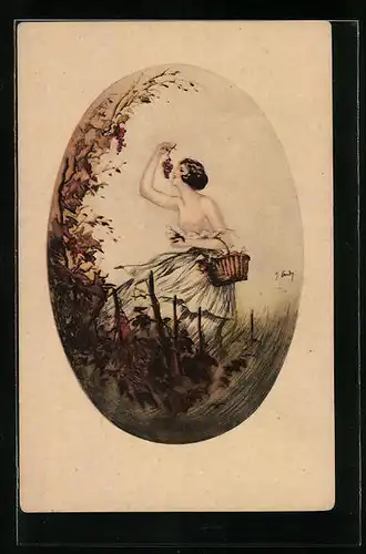 Künstler-AK J. Hardy: Junge Dame mit nacktem Oberkörper nascht Weintrauben