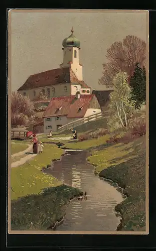 Künstler-Lithographie Paul Hey: Flusspartie mit Kirche und Wäschebleichen am Ufer