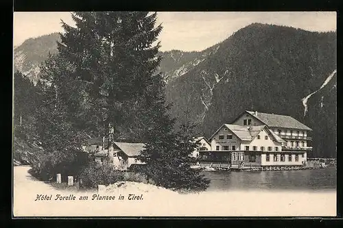 AK Breitenwang, Hotel Forelle am Plansee mit Strasse