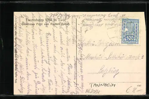 AK Tannheim, Ortsansicht aus der Vogelschau mit Bergpanorama