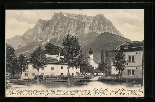 AK Ehrwald, Ortspartie mit Kirche und Blick auf den Wetterstein