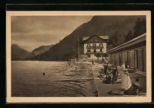 AK Breitenwang, Badeleben am Plansee beim Hotel Forelle